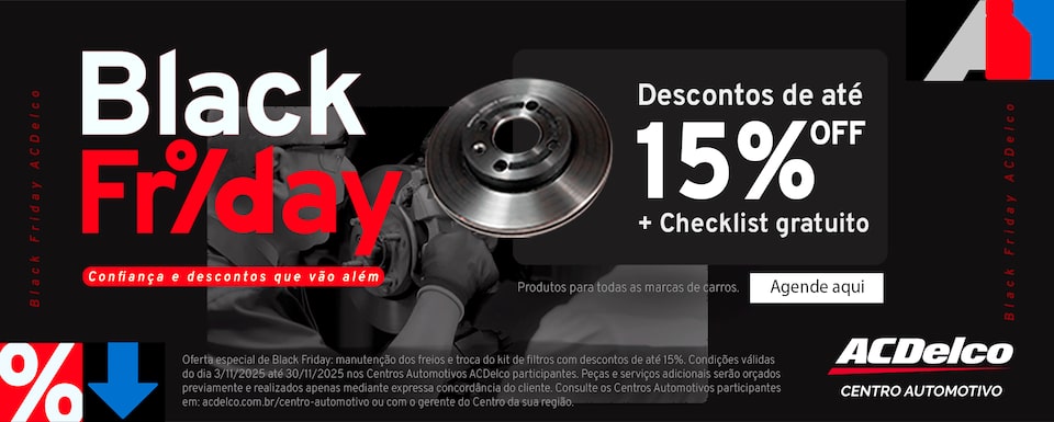 Banner Black Friday ACDelco predominantemente preto, com grafismos em azul, vermelho e cinza nos quadrantes superiore direito e inferior esquerdo. À esquerda, o título: Black Friday - confiança e descontos que vão além. À direita, o texto: Descontos de até 15% off + Checklist gratuito, seguido pelo CTA Agende aqui. No quadrante inferior direito o logo ACDelco Centro Automotivo.